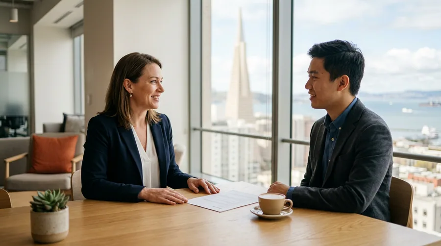 KORE1 engineering recruiter meeting an engineering candidate in a bright San Francisco office