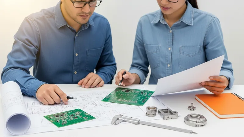 Mechanical and electrical engineers reviewing PCB schematics and CAD in a Silicon Valley design lab