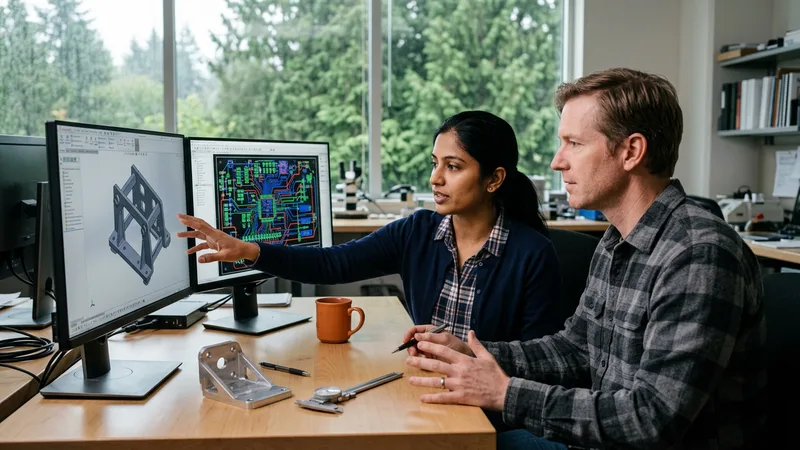 Mechanical and electrical engineers reviewing CAD models and schematics in a Seattle design lab