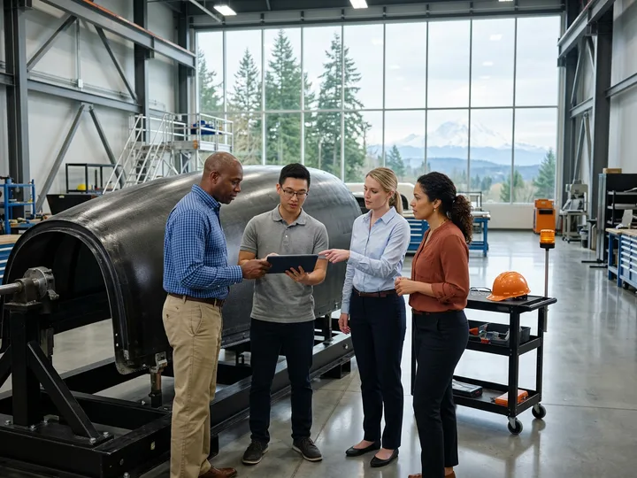 Engineering team reviewing aerospace assembly work at a Seattle engineering staffing agency