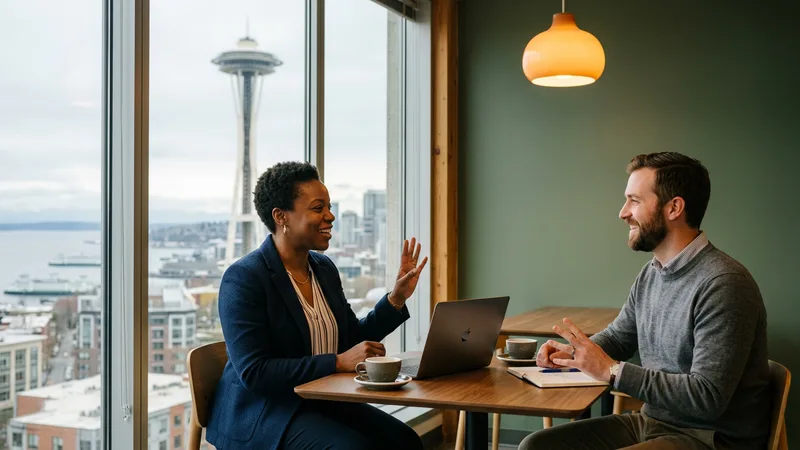 KORE1 engineering recruiter meeting a candidate at a Seattle office overlooking the city
