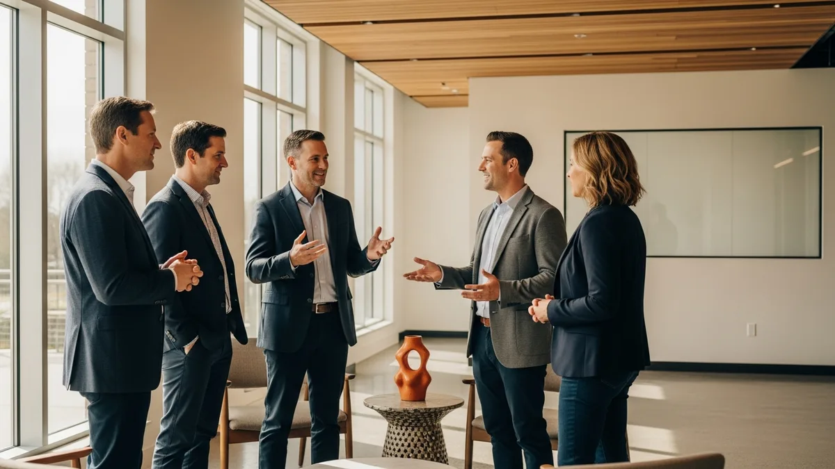 Five engineering leaders mid-conversation in a leadership planning meeting about engineering velocity and alignment