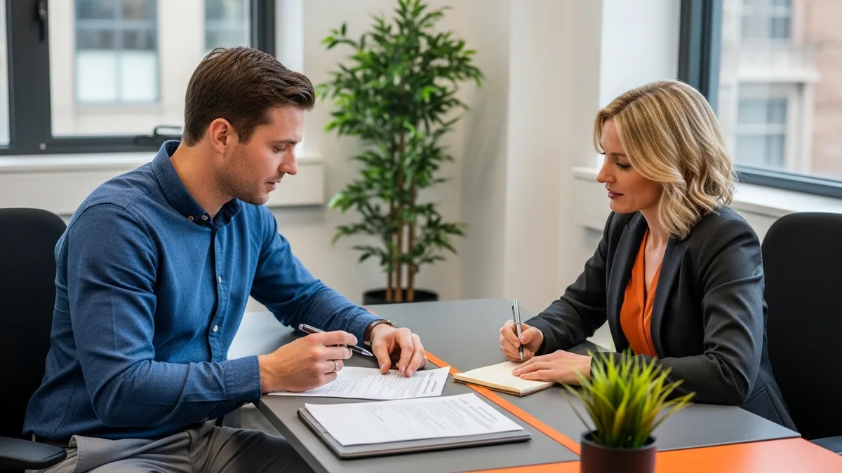 Hiring manager and recruiter reviewing enterprise architect salary benchmarks across a desk