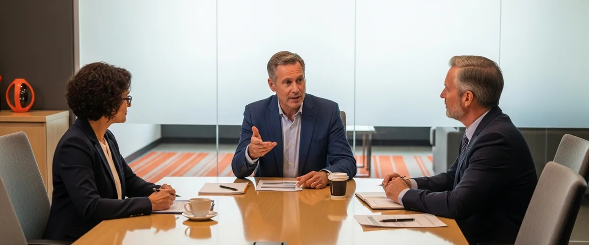Enterprise architect leading a 2026 technology strategy discussion with two executives in a boardroom