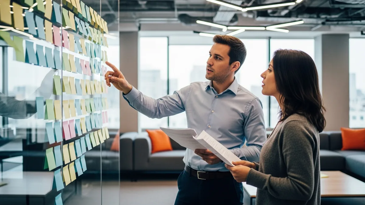 Two enterprise architects mapping out an architecture plan on a sticky-note wall