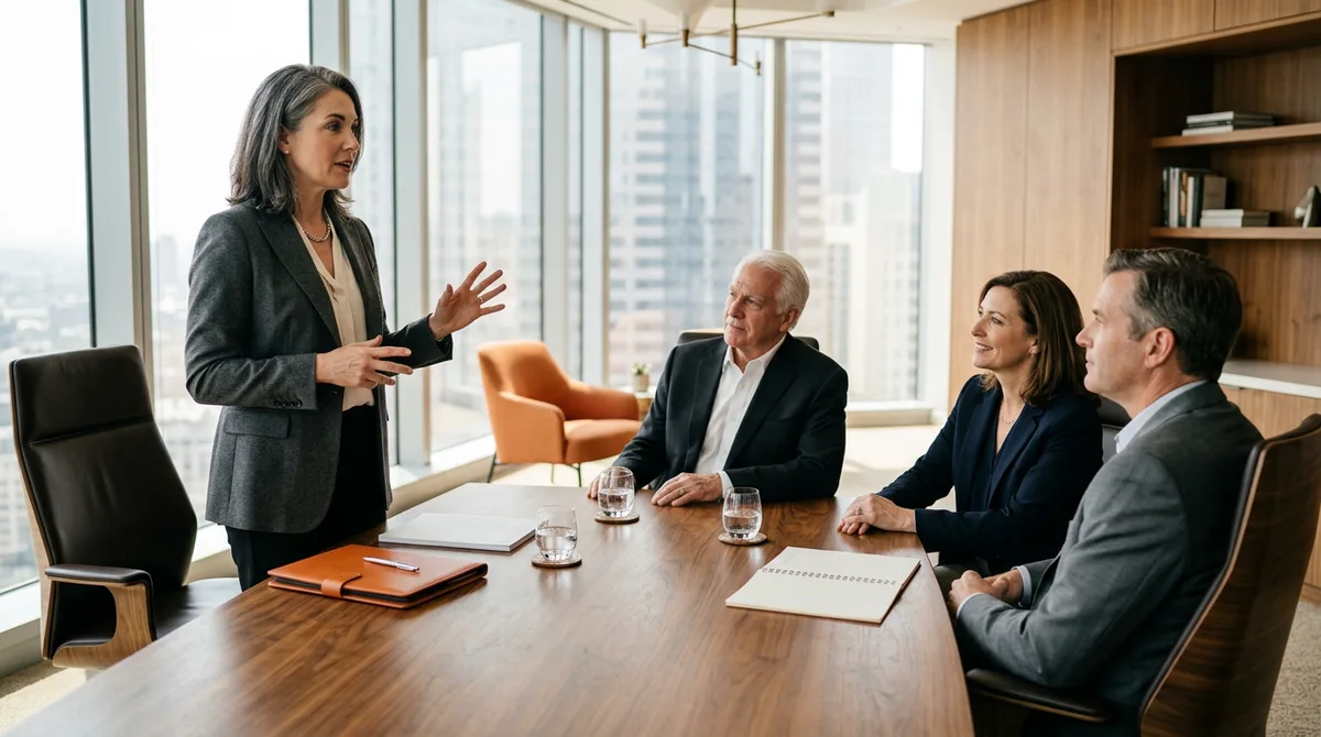 Executive recruiter briefing a panel of senior business leaders around a boardroom table
