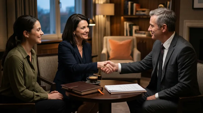Two KORE1 executive recruiters meeting confidentially with a client over printed candidate dossiers