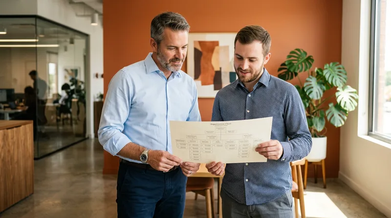 Senior technology executive reviewing a printed leadership org chart with a colleague in a bright office