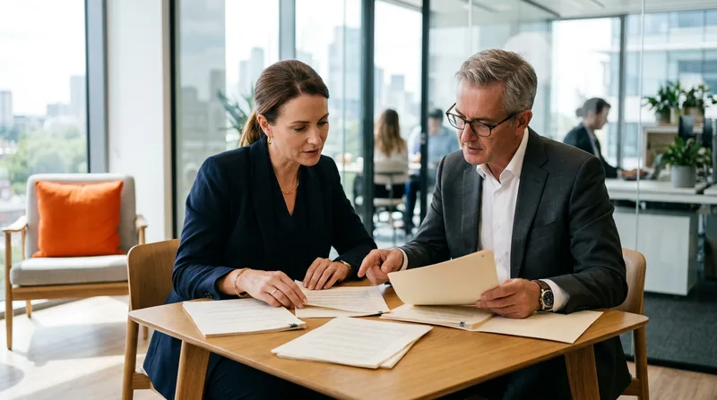 Client and executive search partner reviewing printed candidate dossiers to evaluate an executive recruiting firm