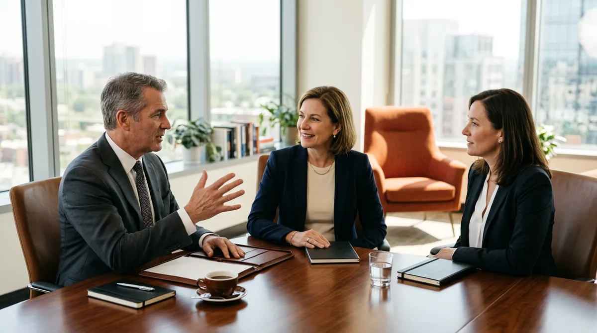 Executive recruiting firm consultants in conversation with a client executive across a boardroom table