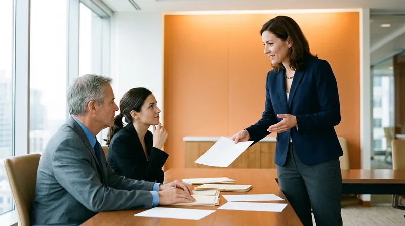 Executive search consultant presenting a printed candidate shortlist to a hiring committee