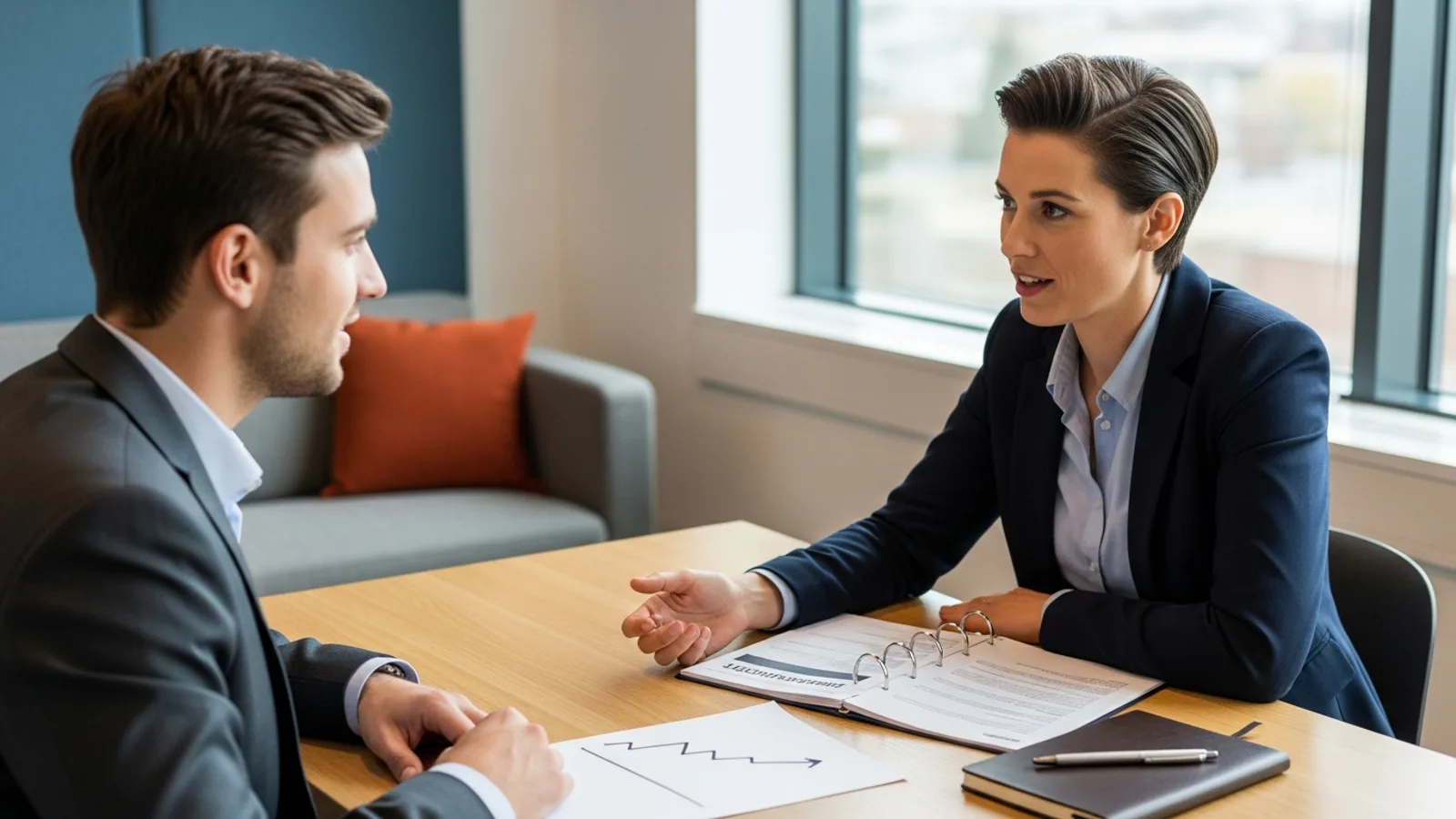 KORE1 finance recruiter meeting a finance candidate across a desk with a printed board deck, a forecast chart on paper, and handwritten notes in a bright modern office