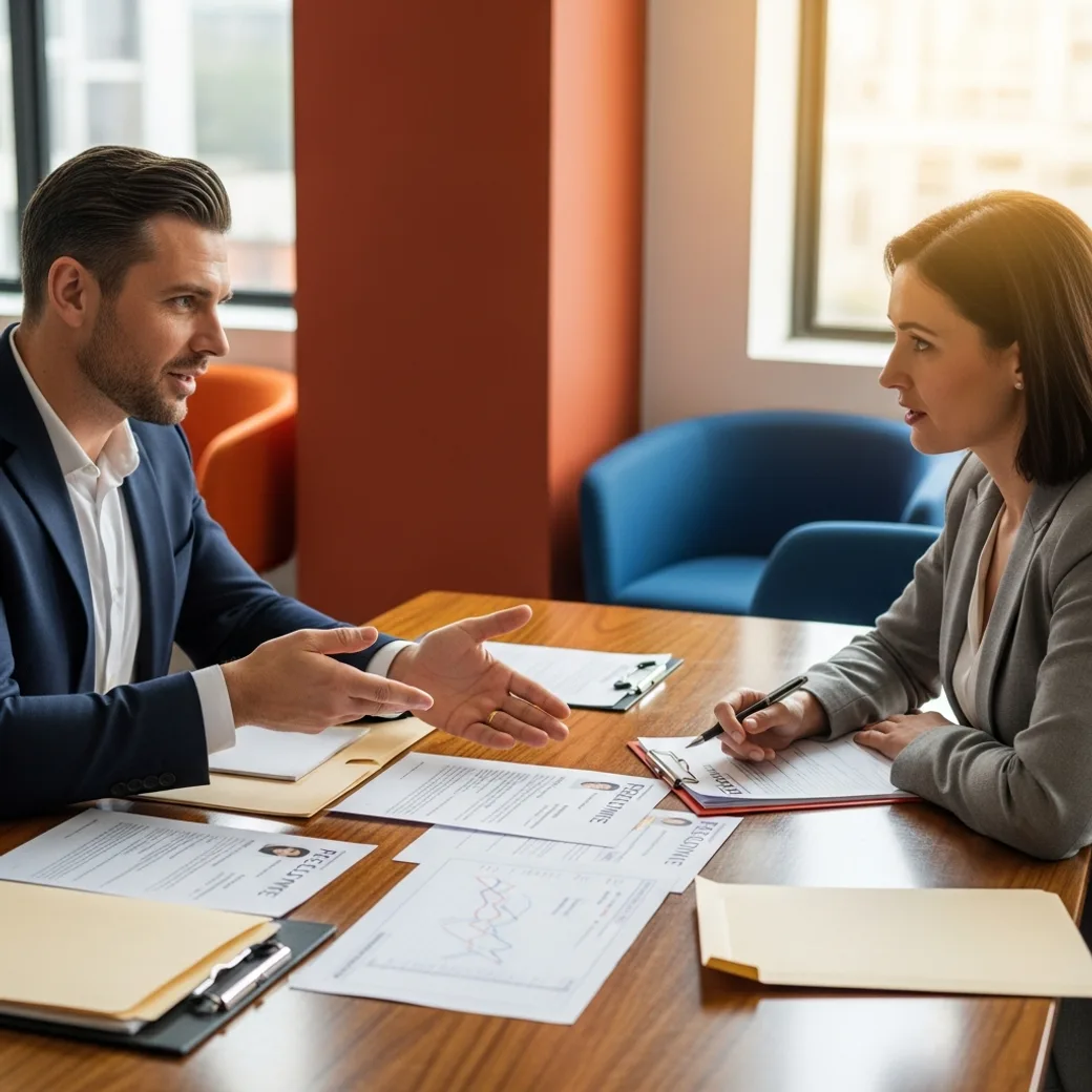 Two KORE1 finance recruiters comparing notes on finance candidates at a table with printed resumes, a forecast chart, and manila folders