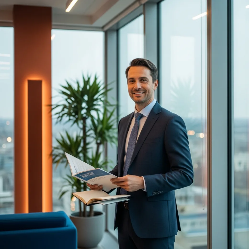 Confident finance professional placed by KORE1 recruiters standing in a bright modern finance office holding a bound report and a notepad