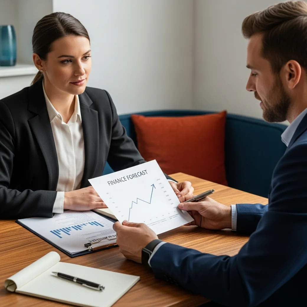 KORE1 finance recruiter and a finance candidate reviewing a printed forecast chart and a board deck at a wood desk in a bright office