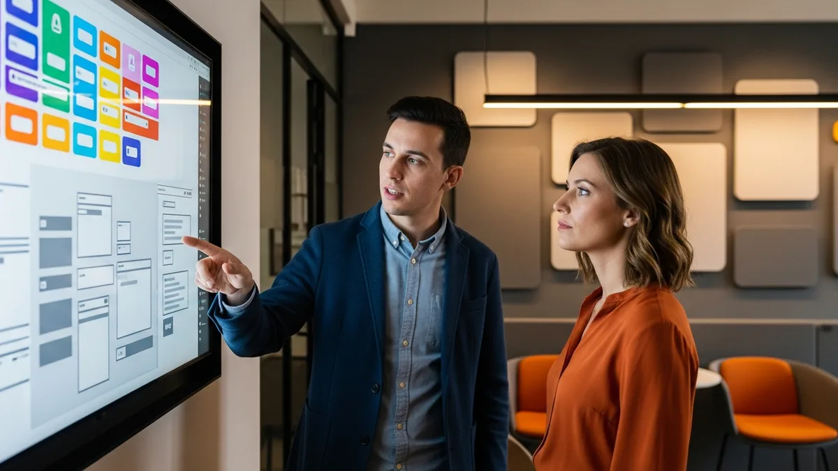 Frontend developer and UX designer collaborating on a design system and UI components on a large monitor