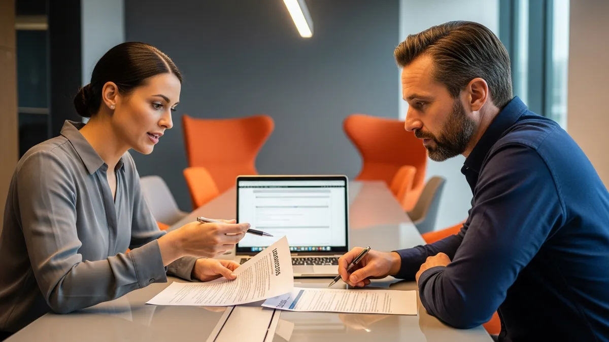 Hiring manager and colleague reviewing a frontend developer job description and resumes at a conference table