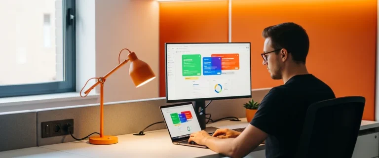 Frontend developer building a colorful web application interface at a modern workstation