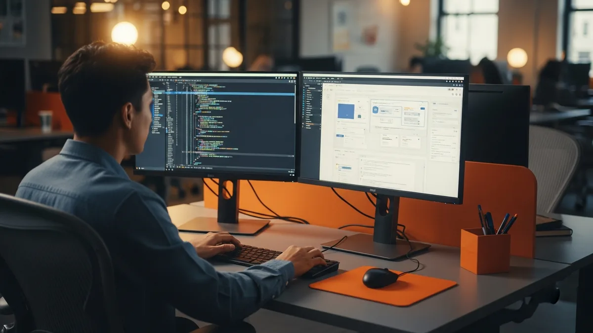 Frontend engineer writing React code on a dual-monitor workstation building a component-based UI
