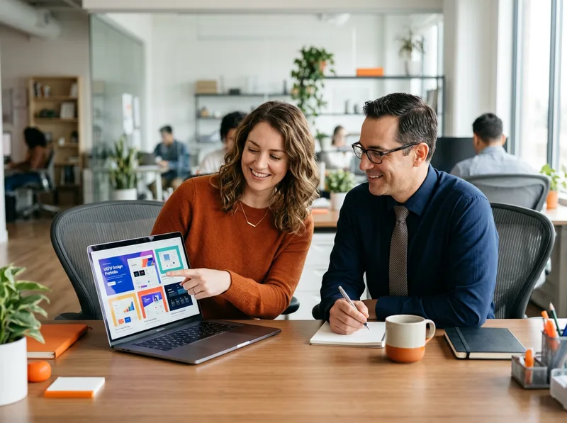 KORE1 recruiter reviewing a front-end developer's portfolio of user interface work with a hiring manager
