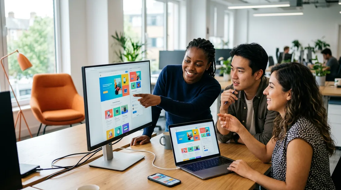 Front-end developer team reviewing a responsive web interface across desktop and mobile screens in a bright modern office