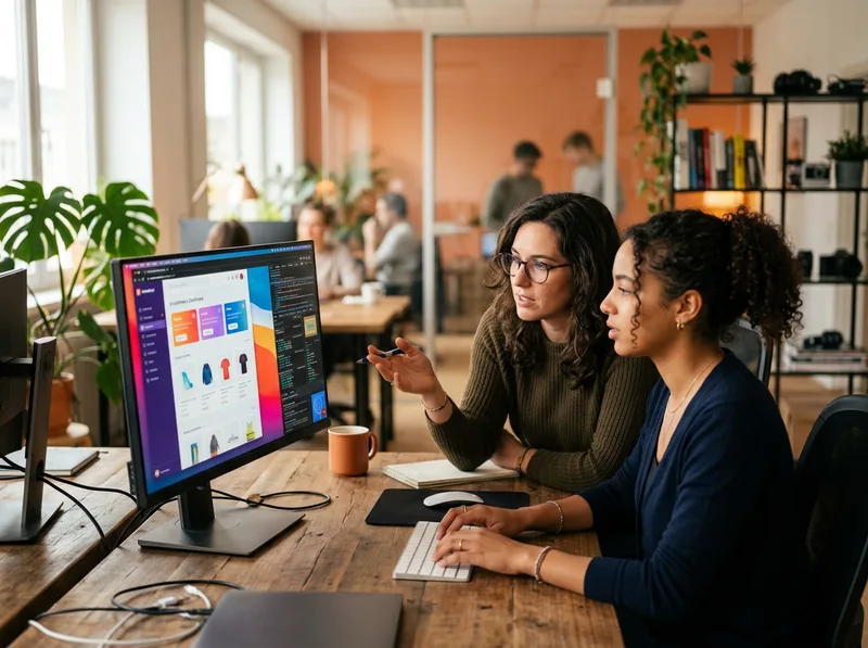 Two front-end developers pair-programming a user interface component with browser developer tools open on screen