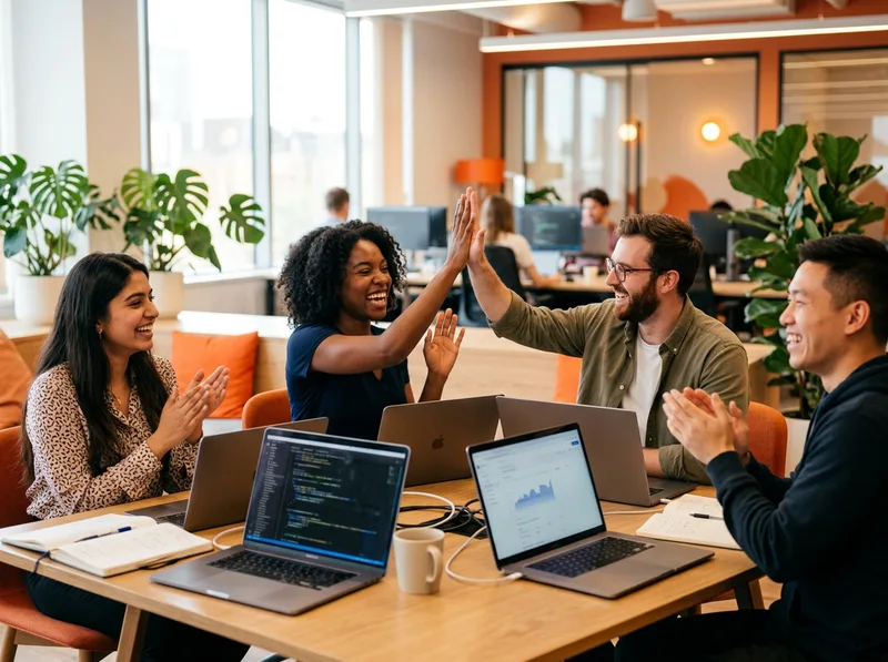 Front-end development team celebrating a successful product launch around laptops in a modern office