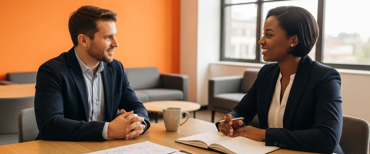 Hiring manager and frontend engineer candidate in conversation across a table during a job interview