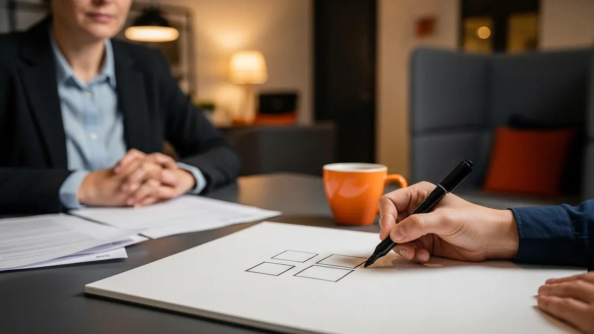 Frontend engineer candidate sketching a component layout on a paper pad with a marker while an interviewer observes