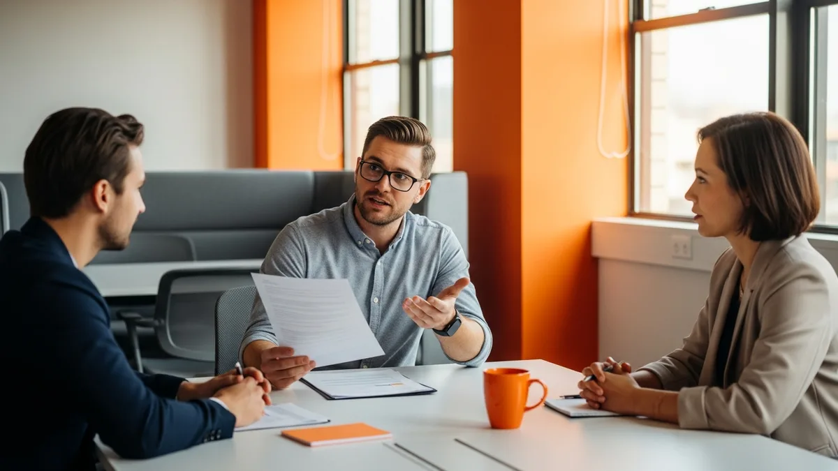 Frontend hiring panel debriefing around a table with printed candidate scorecards during an interview loop calibration