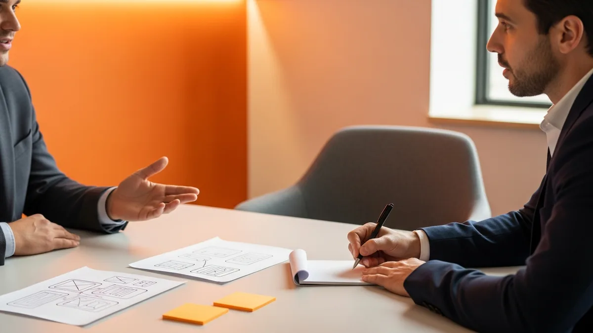 Frontend engineer candidate explaining a point while an interviewer takes notes on paper during a technical interview round