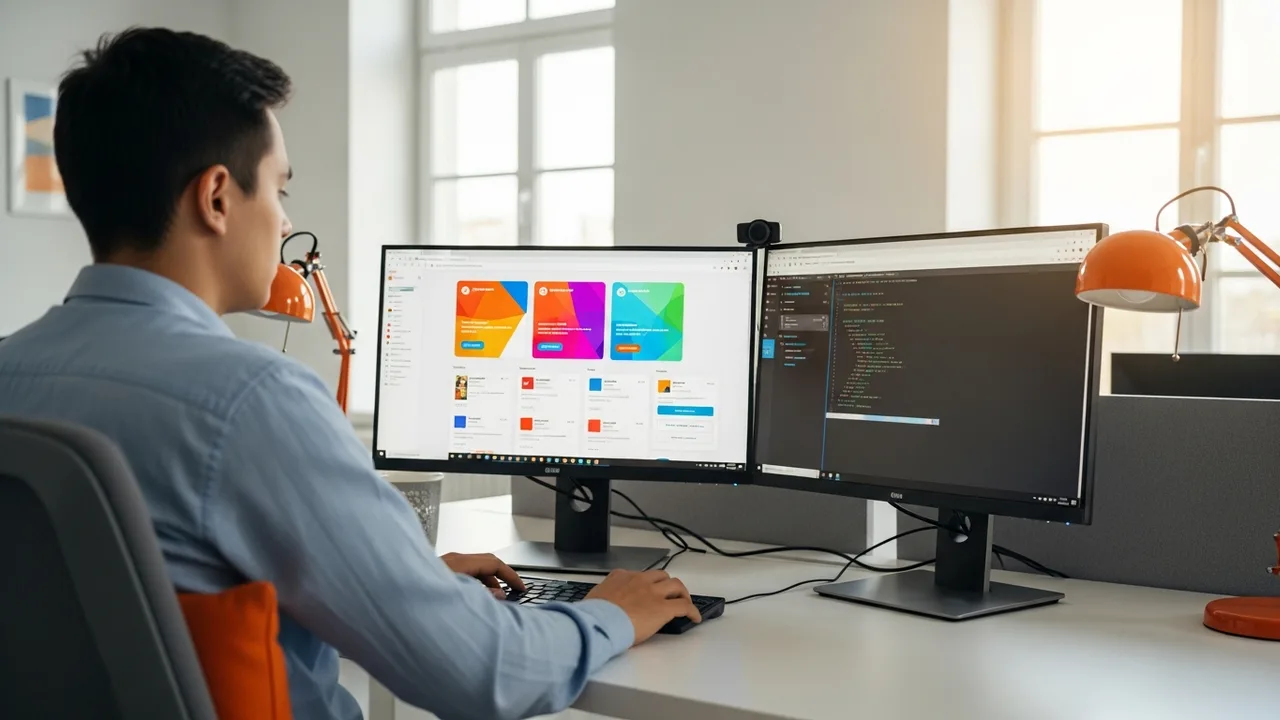 Full stack developer working across two monitors, a web user interface on one screen and server-side API code on the other, KORE1 full stack developer staffing