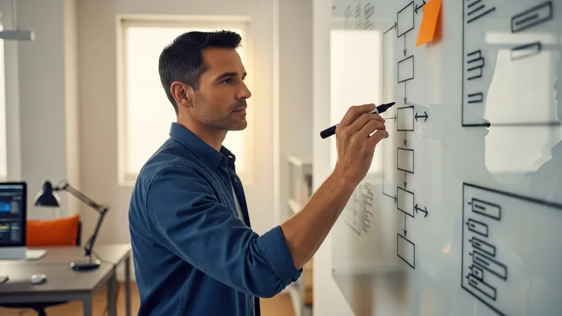 Full stack developer at a whiteboard sketching a system that runs from a browser component down through an API to a database table