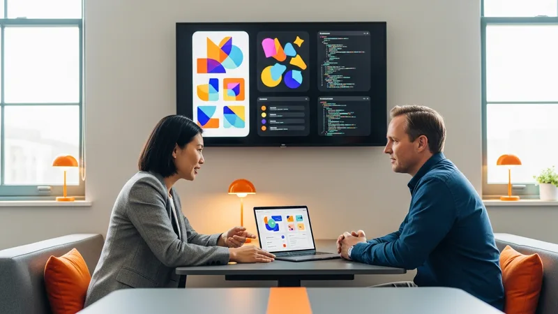 KORE1 technical recruiter reviewing a full stack developer candidate with a senior engineer, UI mockups and API notes on the wall monitor