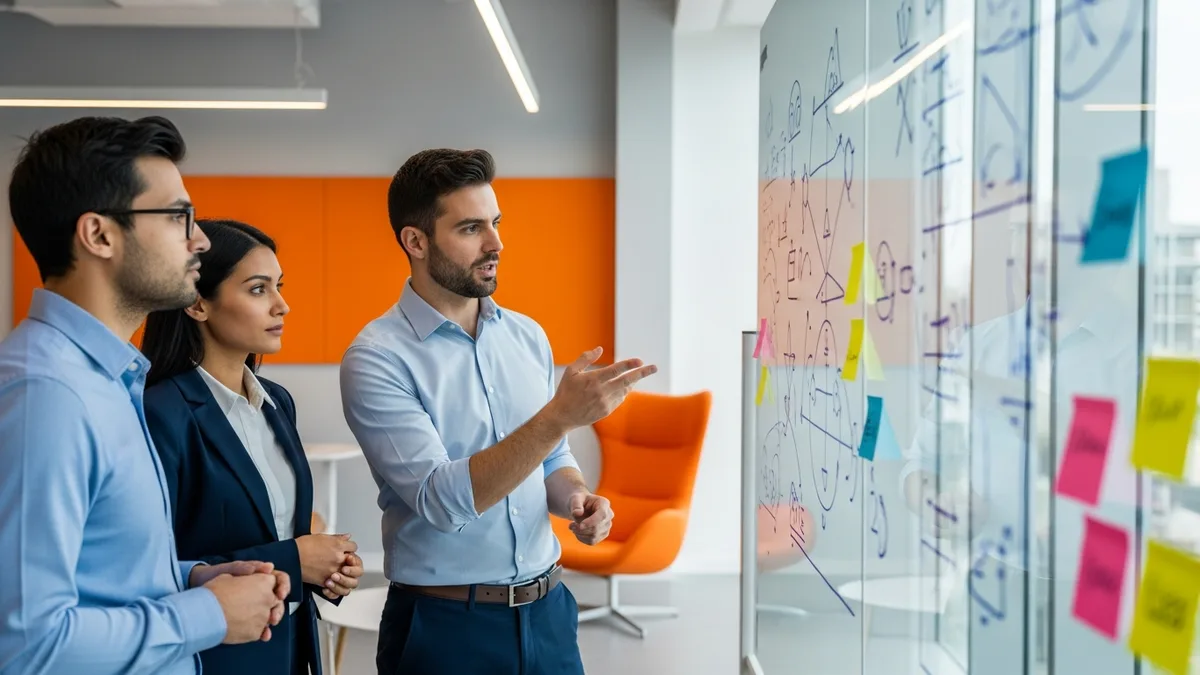Full-time AI engineer collaborating with a product team at a whiteboard