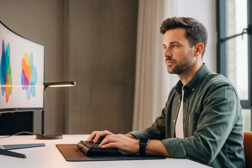 Senior generative AI engineer reviewing multimodal eval traces across text, image, and audio outputs on a wide curved monitor in a modern office with orange accent lamp