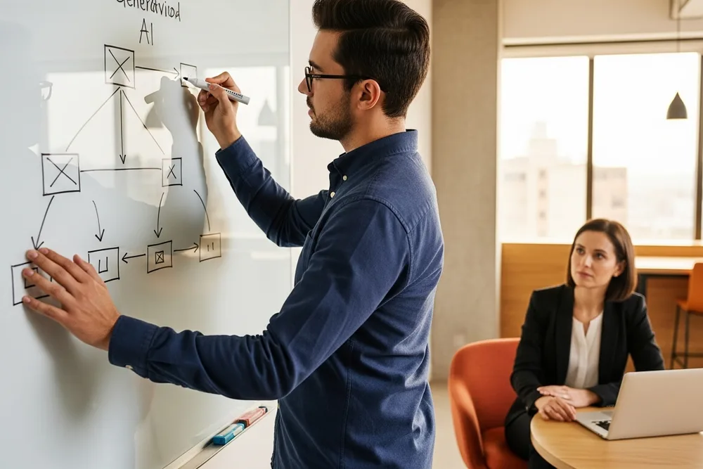 Senior generative AI engineer candidate whiteboarding a retrieval and agent orchestration architecture with a female hiring manager during an onsite technical interview