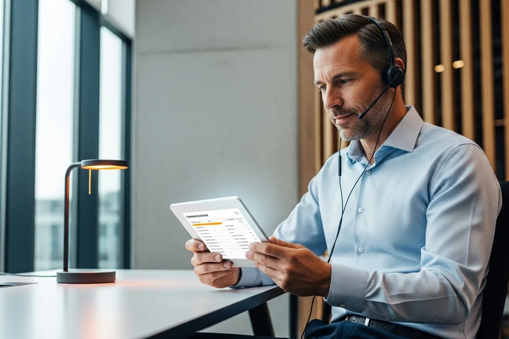 Experienced KORE1 senior technical recruiter wearing a headset reviewing a generative AI candidate eval scores and shipped project history on a tablet