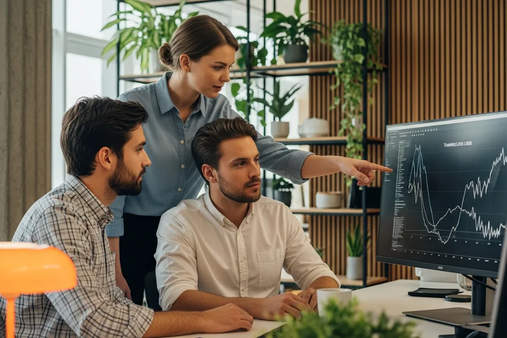 Three generative AI engineers collaborating around a shared monitor reviewing fine-tuning loss curves and RAG citation traces in a sunlit modern tech workspace