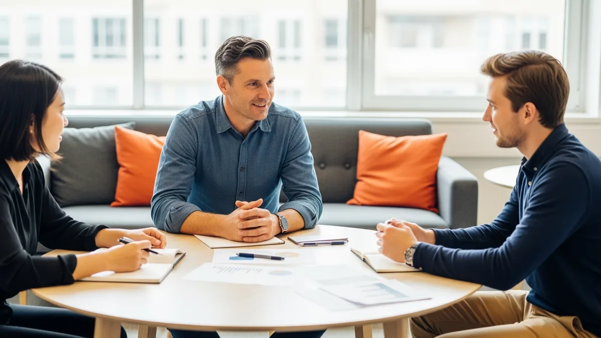 Group product manager coaching two product managers in a mentoring conversation, illustrating the player-coach scope of the group product manager role