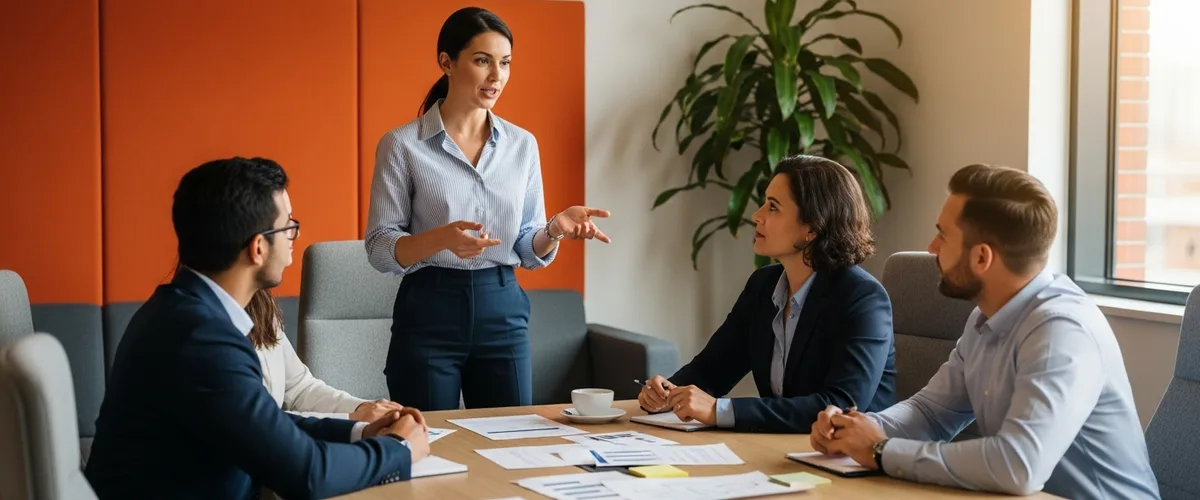 Group product manager leading a product-team planning session with three product managers around a conference table in a modern office