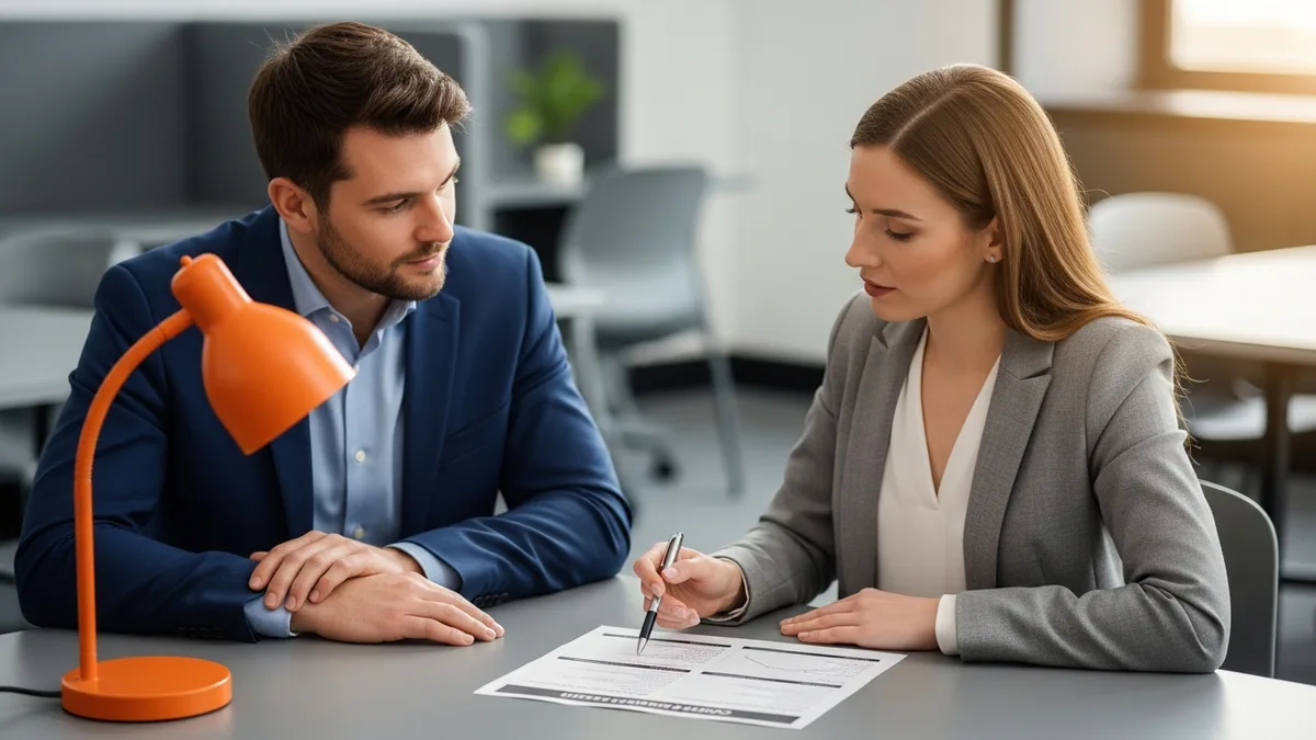 Hiring manager and recruiter reviewing a printed group product manager compensation offer at a desk
