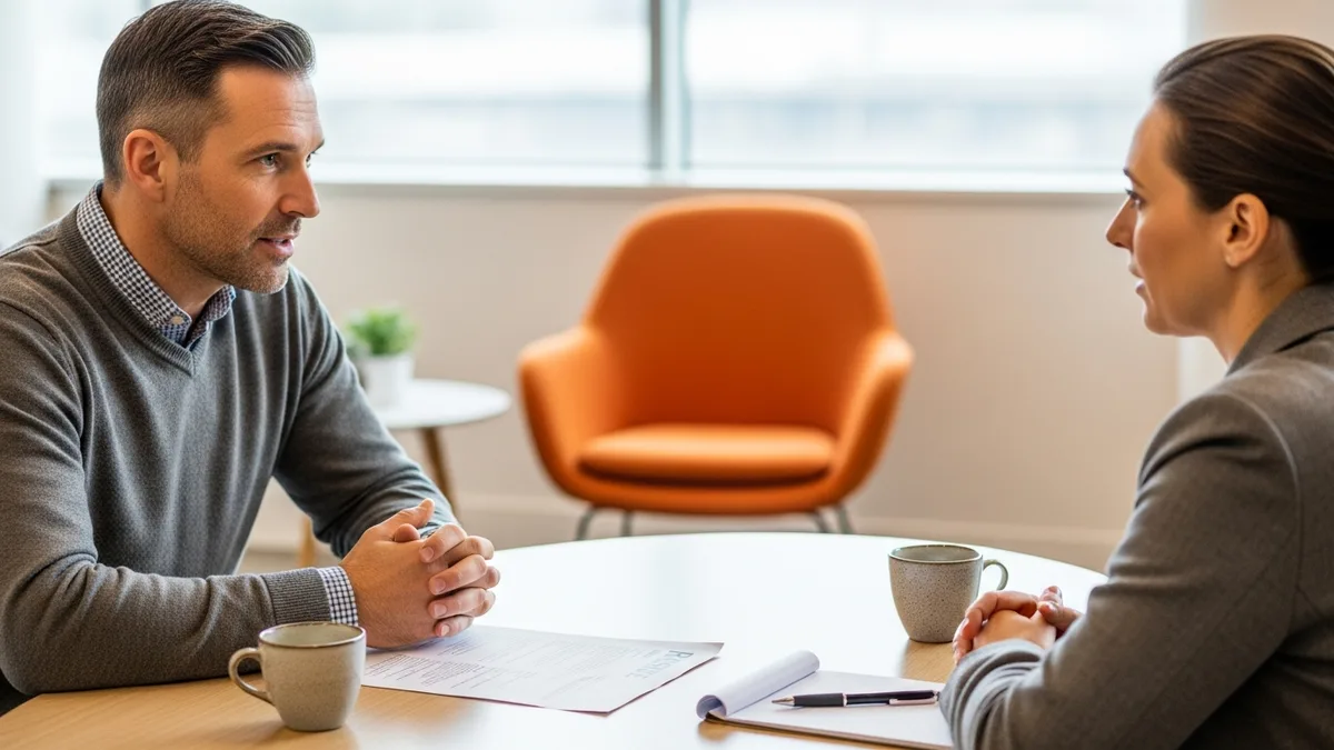 Hiring manager interviewing a head of data candidate across a table with a printed resume
