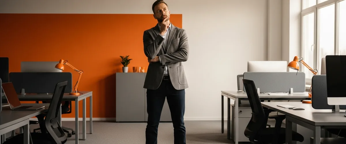 Hiring manager weighing whether to hire a full-time AI engineer or a contractor in a modern office