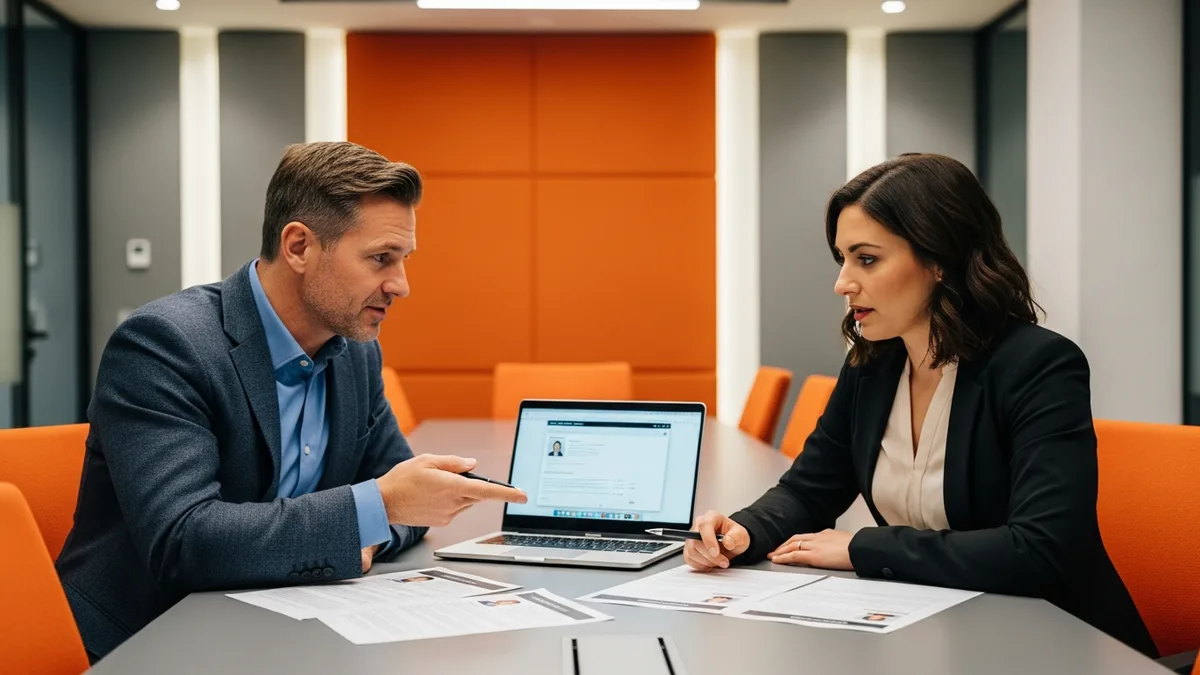Hiring manager and KORE1 recruiter reviewing AI engineer candidates for a contract versus full-time role