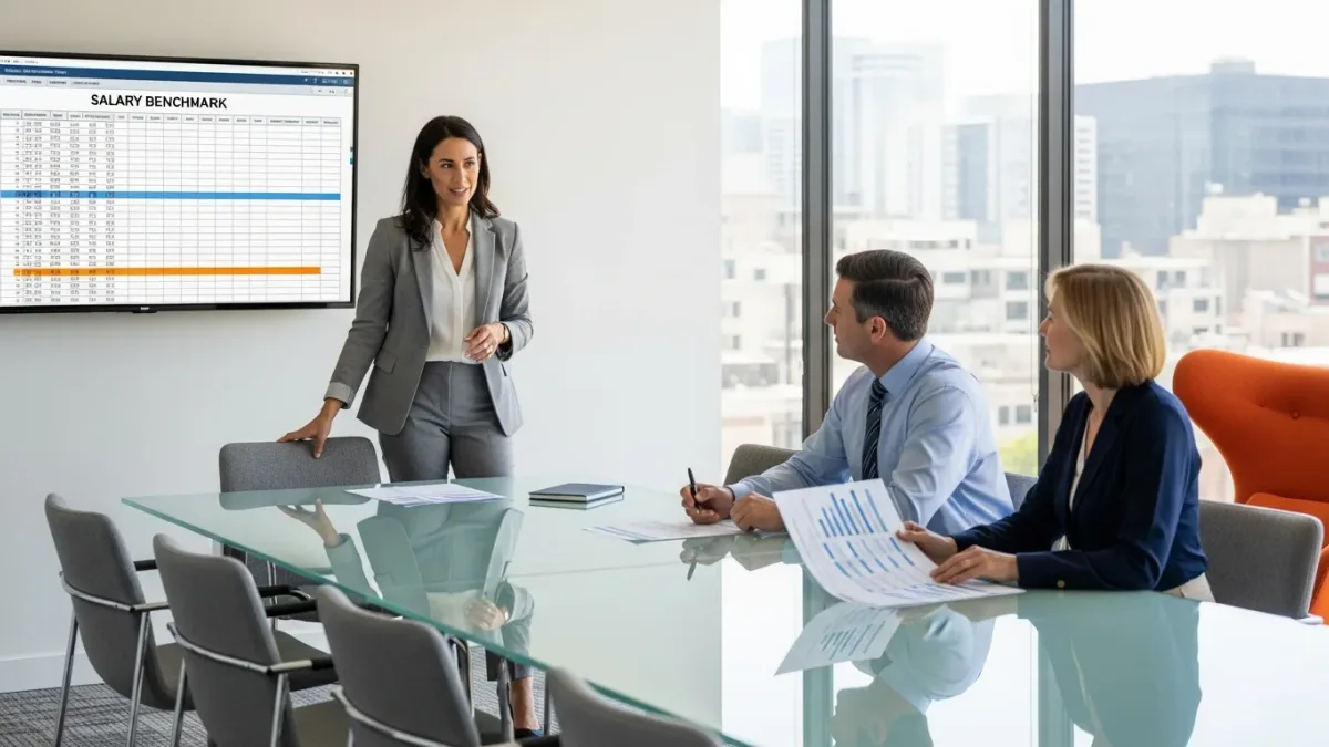 AI product manager presenting compensation benchmark spreadsheet to a hiring manager and HR partner around a glass conference table with an orange accent chair