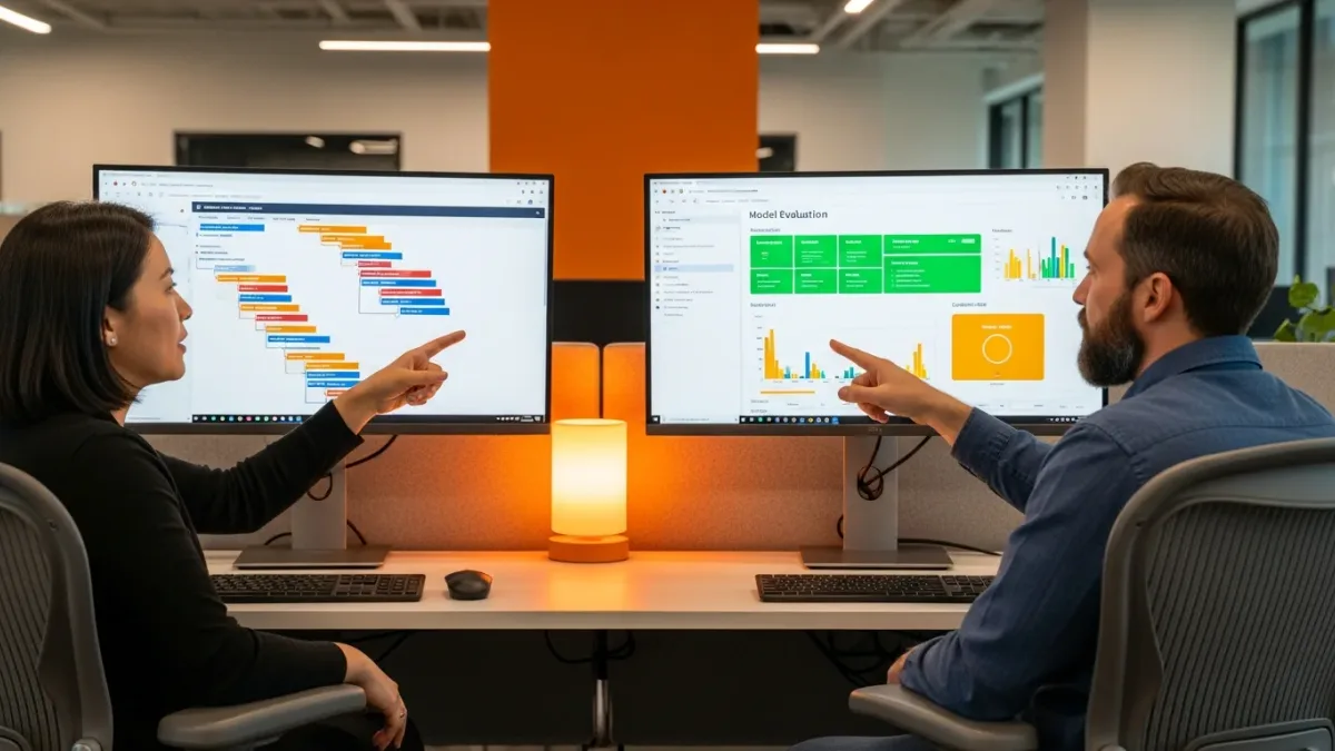Senior AI product manager and engineering lead reviewing model evaluation dashboards together on a large monitor in a modern technology office with a warm orange accent wall