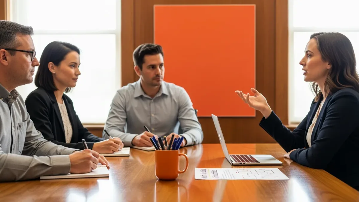 Hiring panel interviewing an AI product manager candidate with a model evaluation rubric and laptop on the conference table in a warm modern technology office