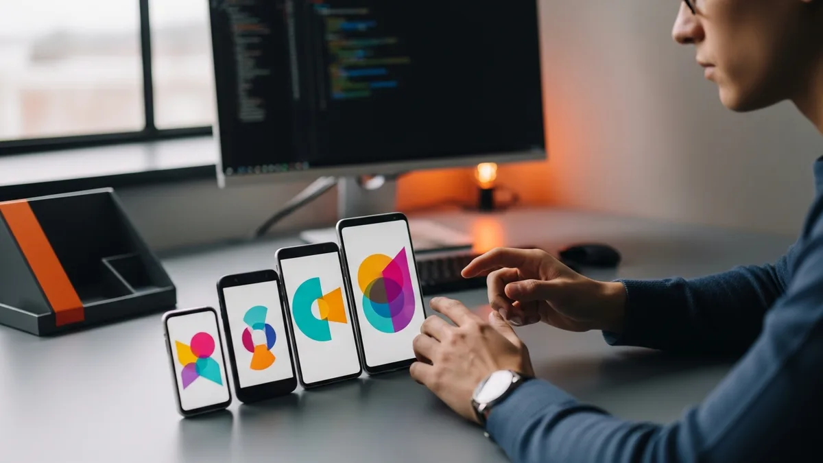 Android developer testing an app across several Android phones of different sizes on a desk