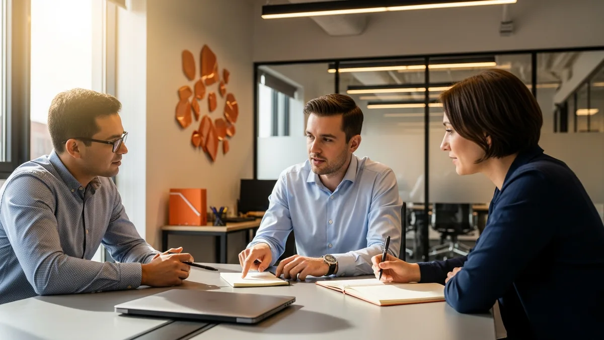 Hiring team planning an Android developer hire around a table in a modern office